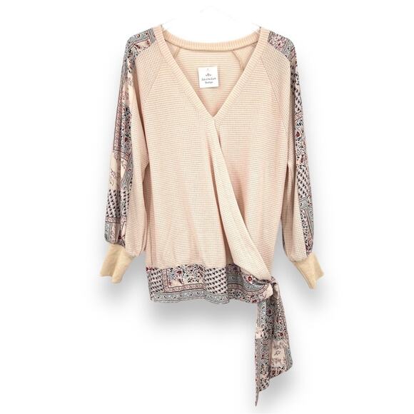 Faux wrap blouse M waffle knit patchwork side tie boho long sleeve cottage NEW - Picture 1 of 9